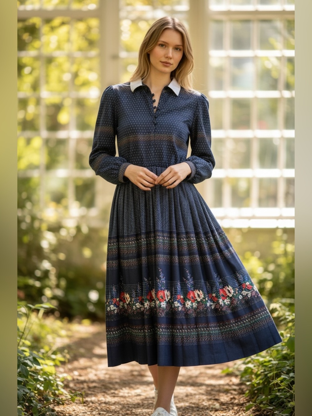 Vintage 1970s Prairie Midi Dress Navy Blue Floral Border Print Size 8